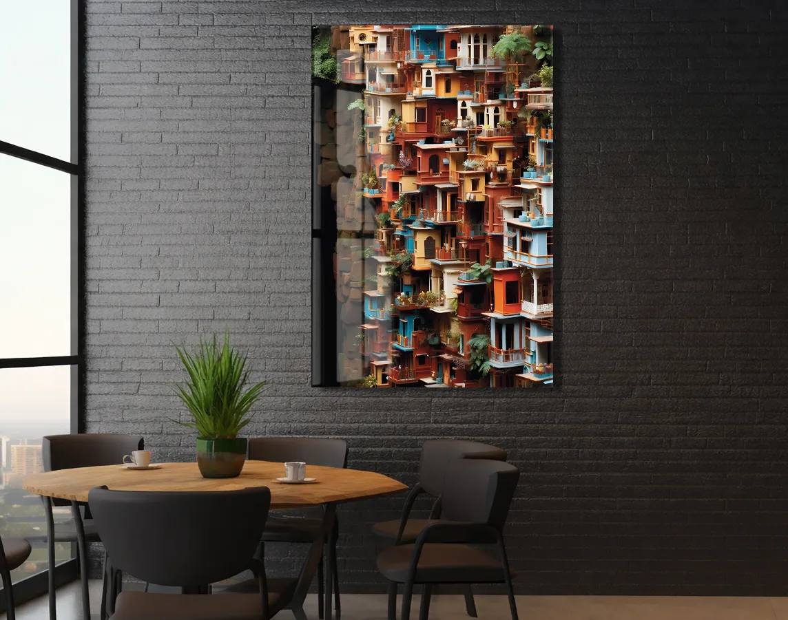 Modern Renkli Şehir Cepheleri Cam Tablo – Mimari ve Kentsel Sanat Temalı UV Baskılı Temperli Cam Duvar Tablosu - Peony019 — görsel 5