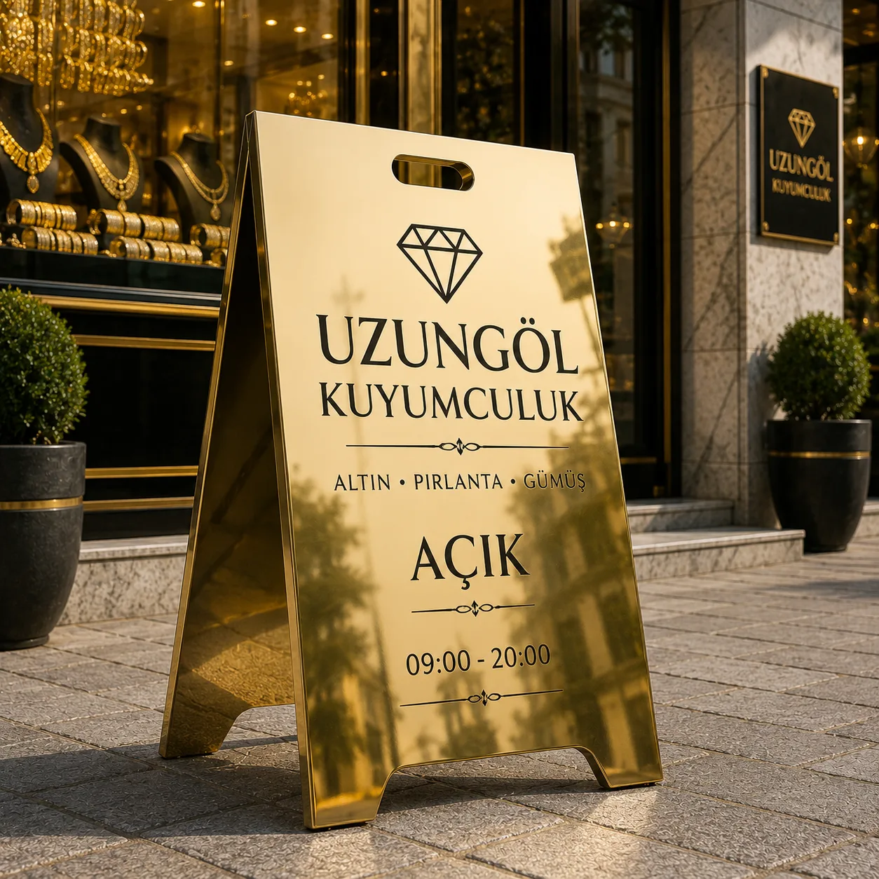 Aynalı Gold Paslanmaz A Tabela | Lüks Metal Kaldırım Tabelası | Dış Mekan Reklam Standı | 3 Boy Seçeneği — görsel 6