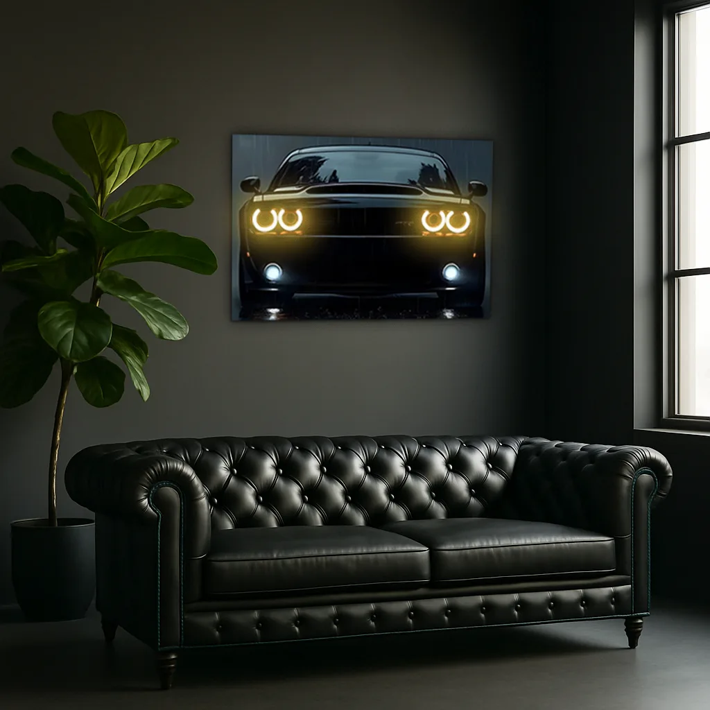 Siyah Muscle Car UV Baskı Neon Duvar Dekoru | Pleksi Işıklı Araba Tablo | Güçlü Far Efektli Modern Duvar Sanatı — görsel 2