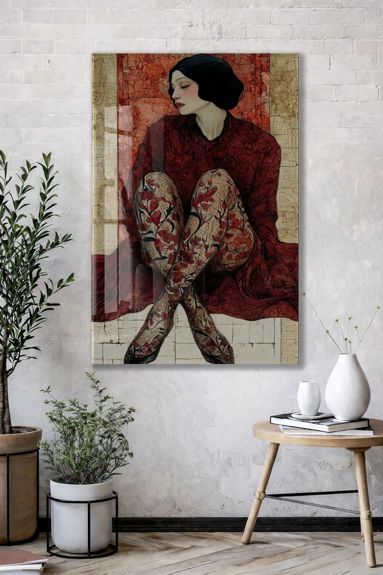 “İçe Dönüş” – Zamansız Kadın Figürlü Cam Duvar Dekoru - Peony064 — görsel 3