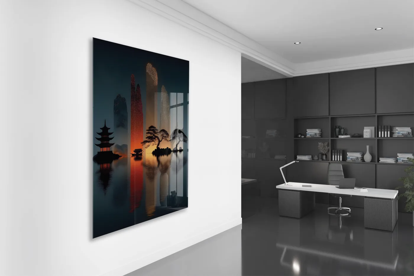 Doğu Esintili Gün Batımı Cam Tablo – Minimalist Japon Manzarası UV Baskılı Temperli Cam Duvar Tablosu - Peony026 — görsel 4