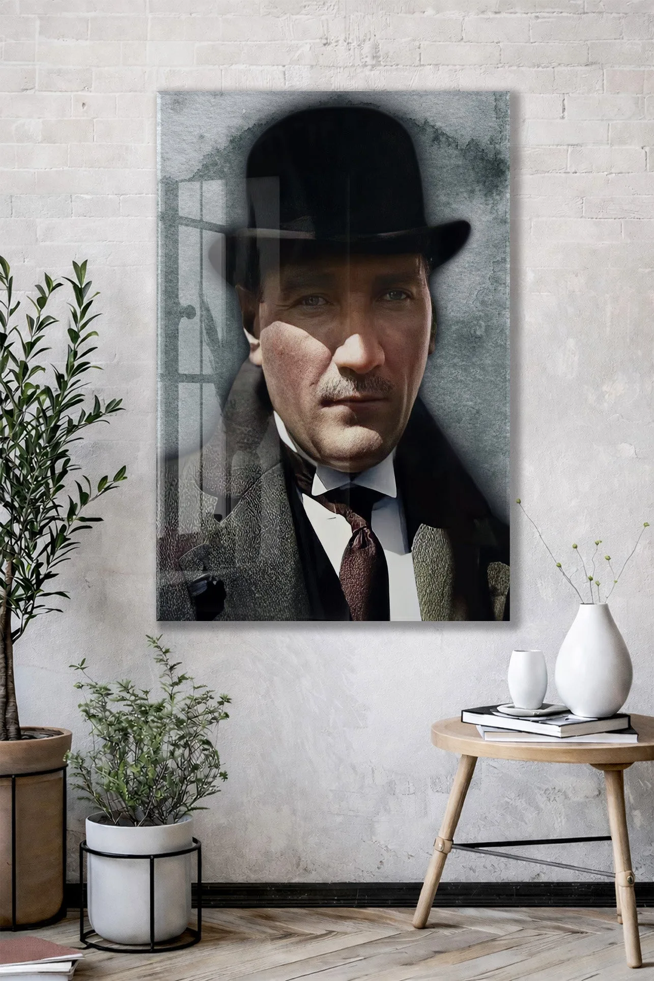 Atatürk Fötr Şapkalı Portre Cam Tablo – Modern ve Zamansız 4 mm Temperli Cam Duvar Dekoru -PeonyAta1001 — görsel 3
