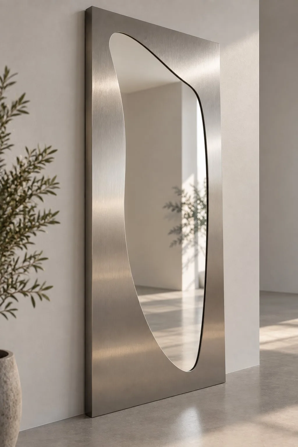 Vega | Paslanmaz Çelik Boy Aynası – 60x160 cm Fırçalı Çelik Çerçeveli Asimetrik Tam Boy Dekoratif Duvar Aynası 2 cm Apkant Modern Tasarım — görsel 3