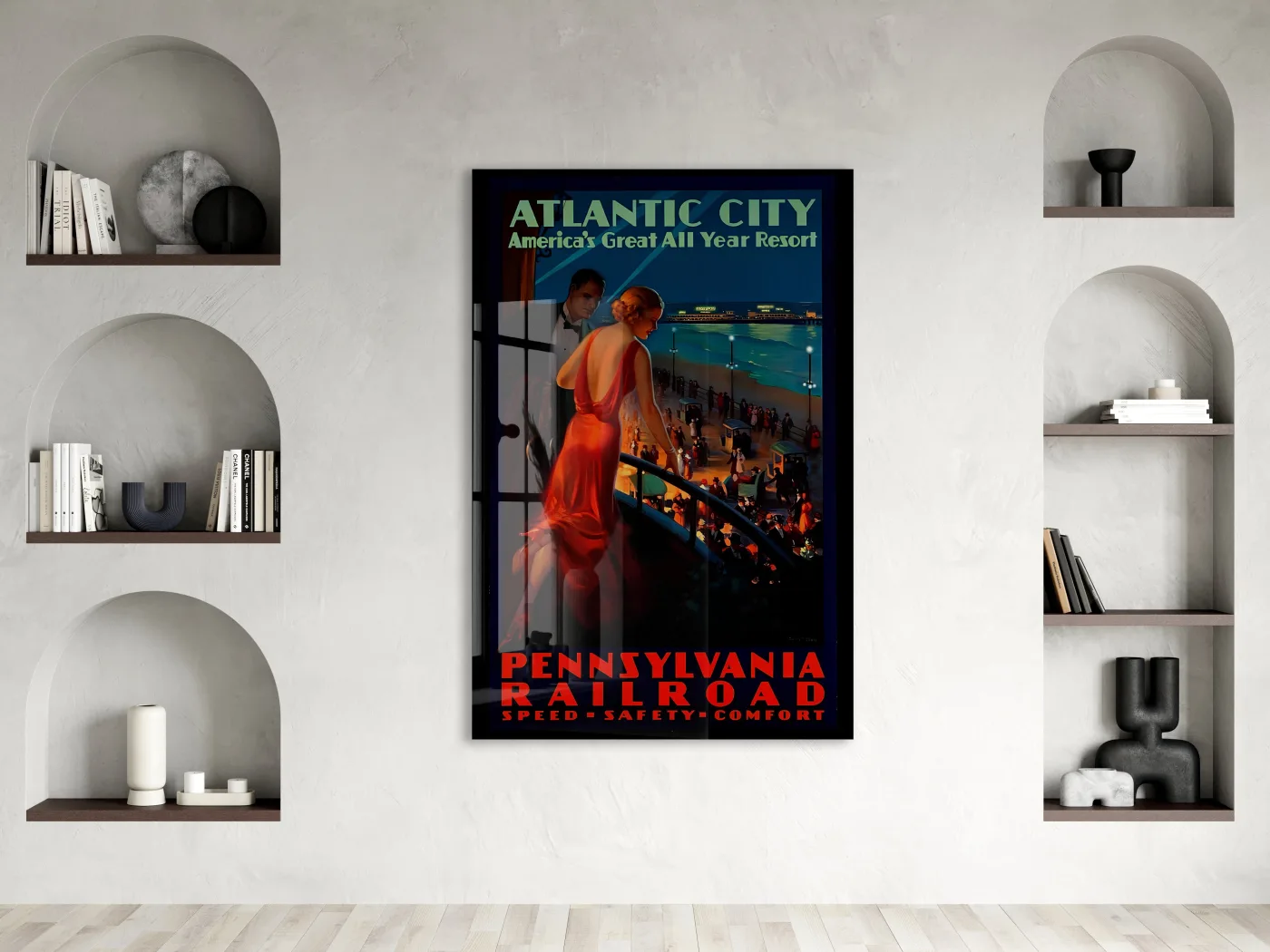 Atlantic City Vintage Cam Tablo | Art Deco Seyahat Posteri UV Baskılı Temperli Cam Duvar Dekoru - Peony152 — görsel 2