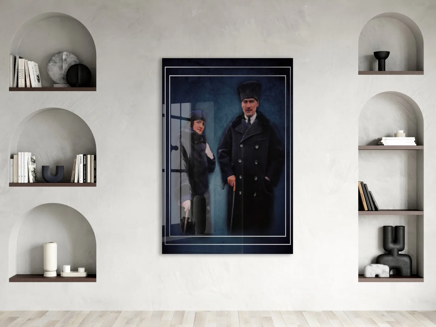 Atatürk ve Latife Hanım Cam Tablo – Cumhuriyet Dönemini Yansıtan Prestijli 4 mm Temperli Cam Duvar Dekoru -PeonyAta1004 — görsel 2