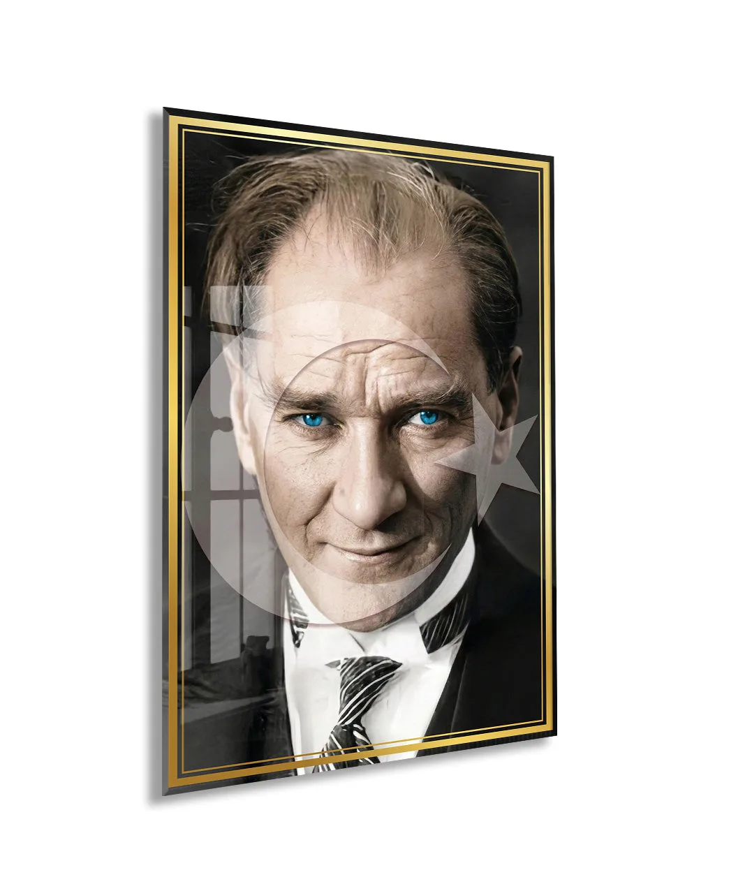 Mavi Gözlü Mustafa Kemal Atatürk Cam Tablo | 4 mm Temperli UV Baskılı Premium Duvar Dekoru -PeonyAta1305 — görsel 1