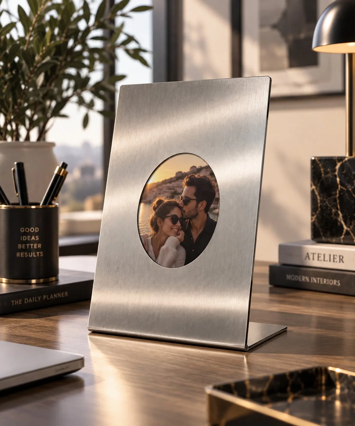 Avera | Paslanmaz Çelik Masaüstü Fotoğraf Çerçevesi – 15x18 cm Fırçalanmış Metal Yuvarlak Fotoğraf Alanlı Modern Dekoratif Çerçeve — görsel 5