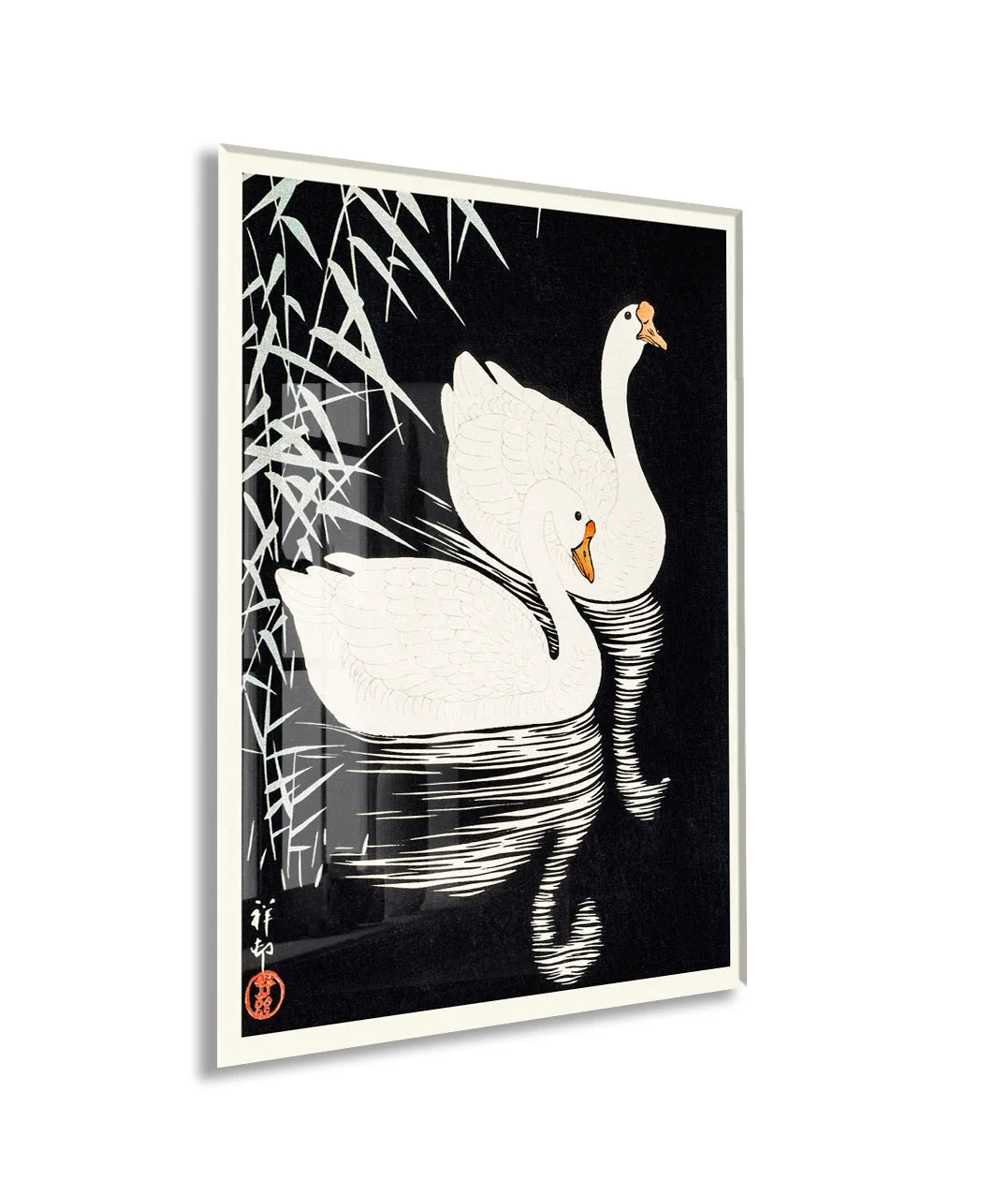 Japon Kuğuları Cam Tablo | Minimal Siyah Beyaz Ukiyo-e UV Baskılı Temperli Cam Tablo- Peony166 — görsel 1