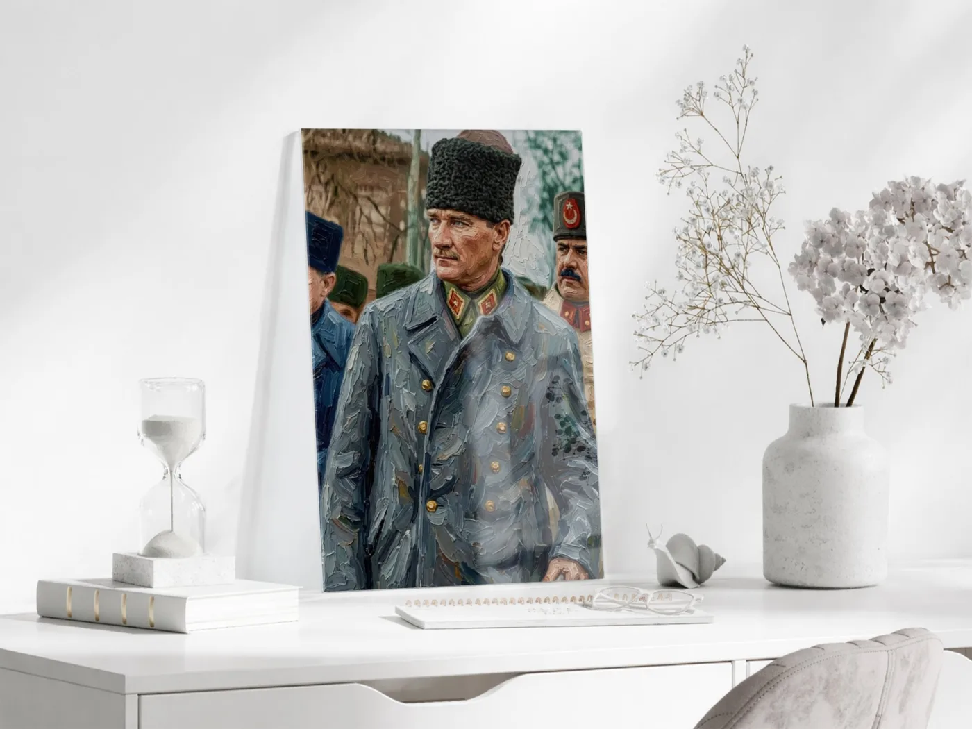 Kalpaklı Atatürk Cam Tablo – Asker Üniformalı Yağlı Boya Görünümlü Atatürk Tablosu-PeonyAta1347 — görsel 4
