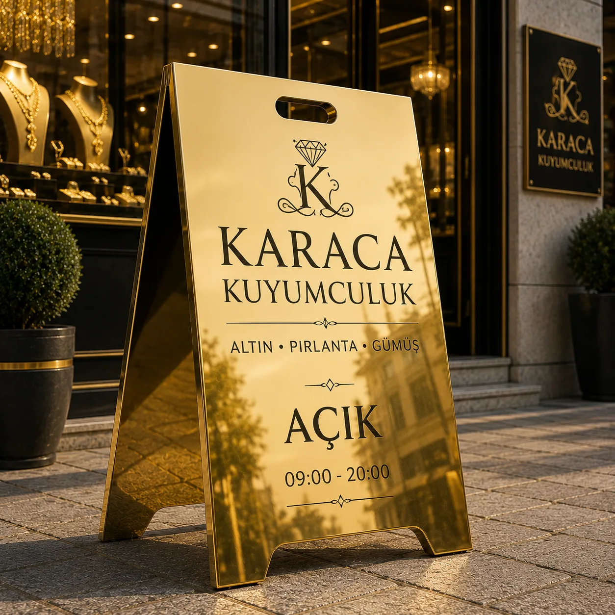 Aynalı Gold Paslanmaz A Tabela | Lüks Metal Kaldırım Tabelası | Dış Mekan Reklam Standı | 3 Boy Seçeneği — görsel 7