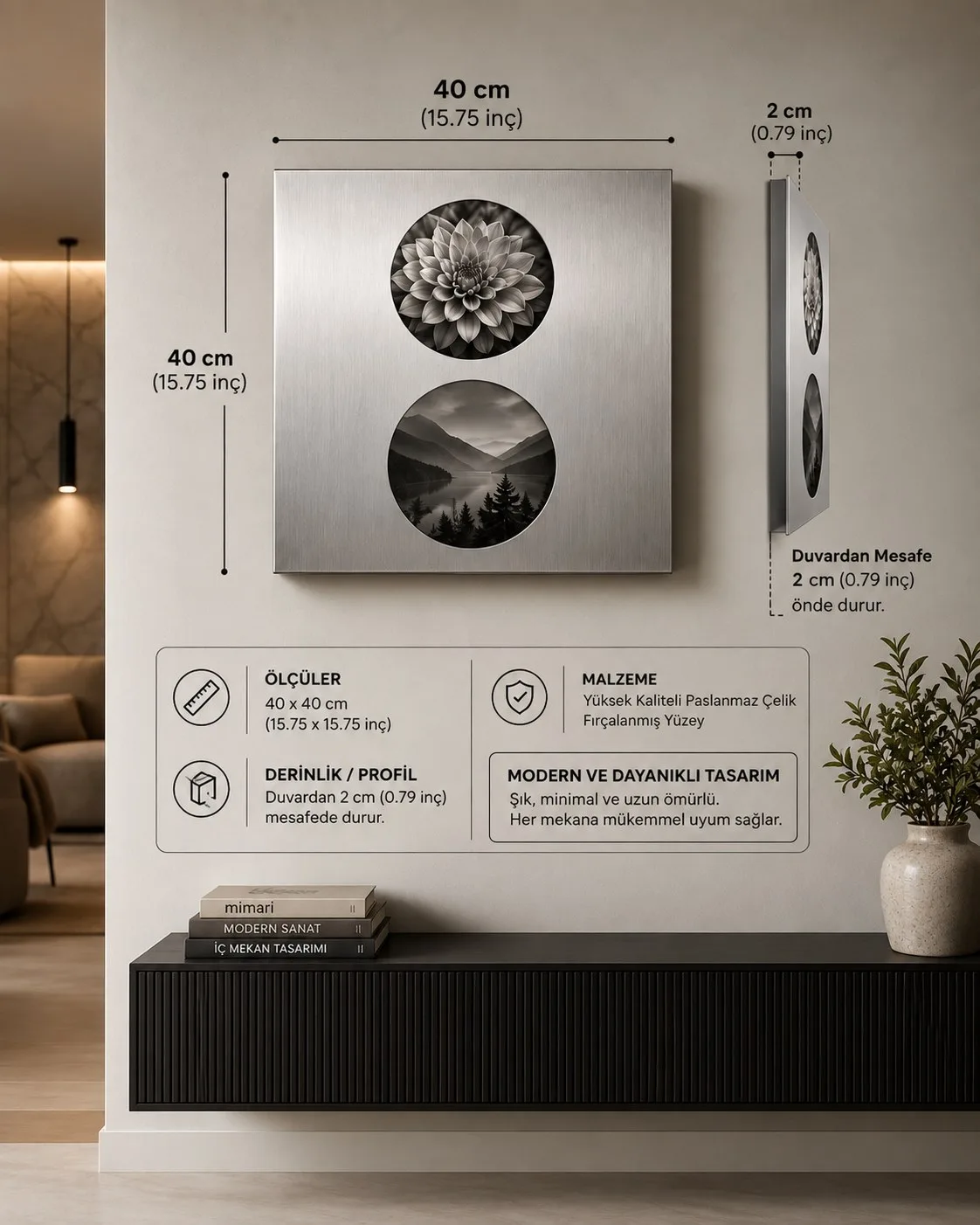 DUO |Paslanmaz Çelik İkili Fotoğraf Çerçevesi – Modern Metal Duvar Çerçevesi 40x40 cm — görsel 11