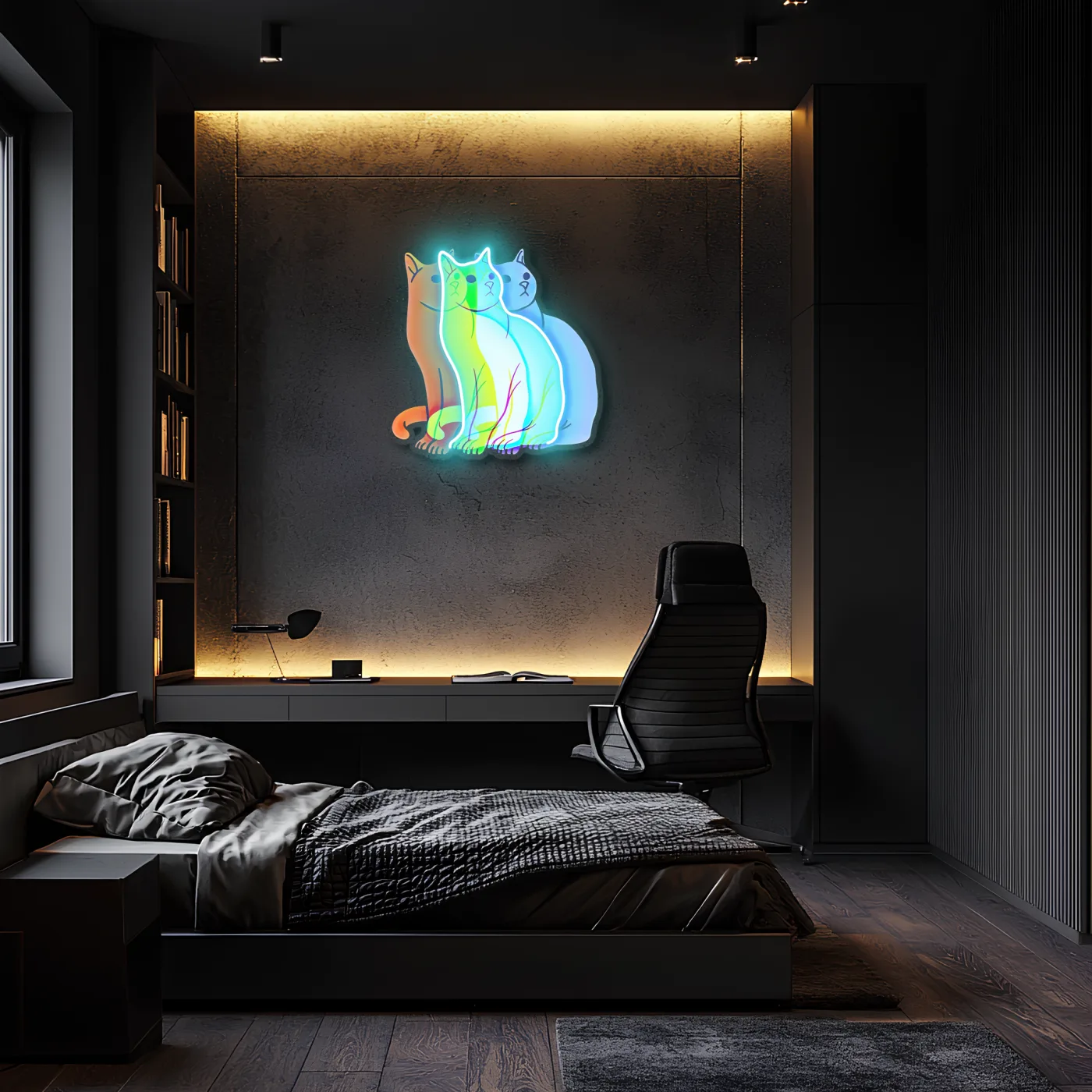 Üç Renkli Kedi Neon Duvar Dekoru | Gökkuşağı Işıklı Pleksi Tablo | Modern ve Minimalist Ev Dekoru — görsel 1