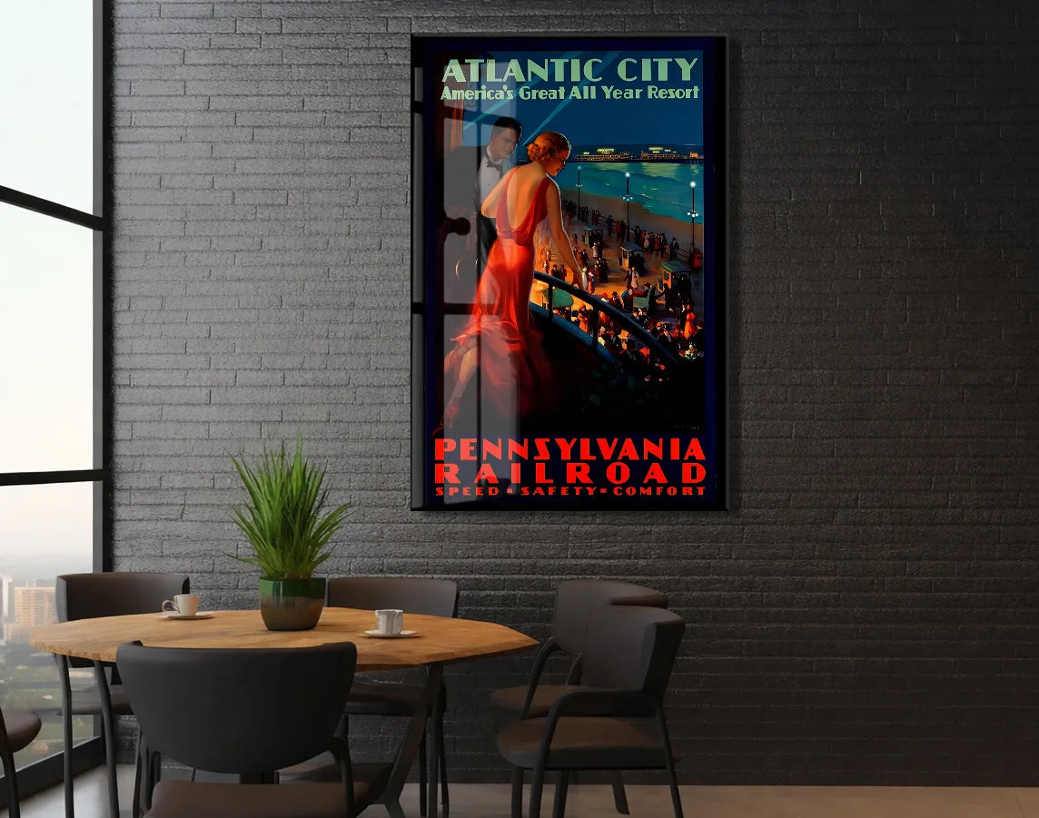 Atlantic City Vintage Cam Tablo | Art Deco Seyahat Posteri UV Baskılı Temperli Cam Duvar Dekoru - Peony152 — görsel 5