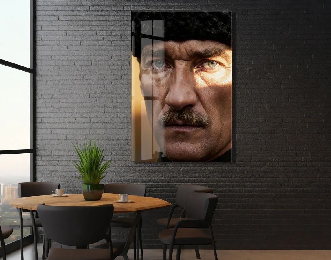 Mustafa Kemal Atatürk Portre Cam Tablo – Siyah Beyaz Derin Bakışlı Modern Duvar Dekoru -PeonyAta069 — görsel 6