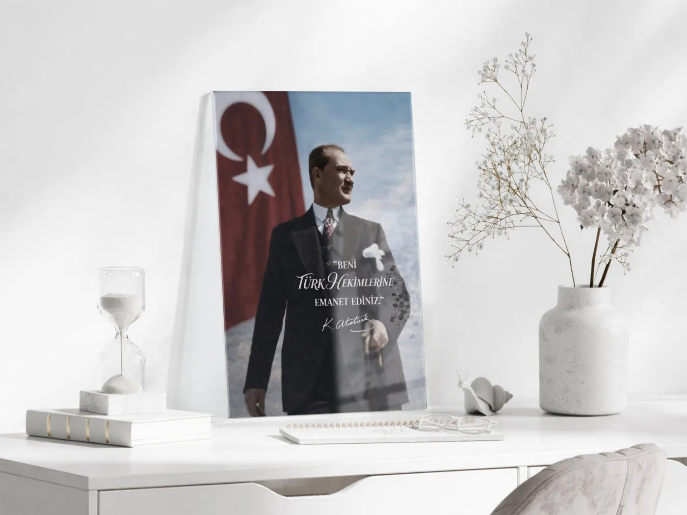 Beni Türk Hekimlerine Emanet Ediniz Atatürk Cam Tablo – Türk Bayraklı Duvar Tablosu-PeonyAta1342 — görsel 4