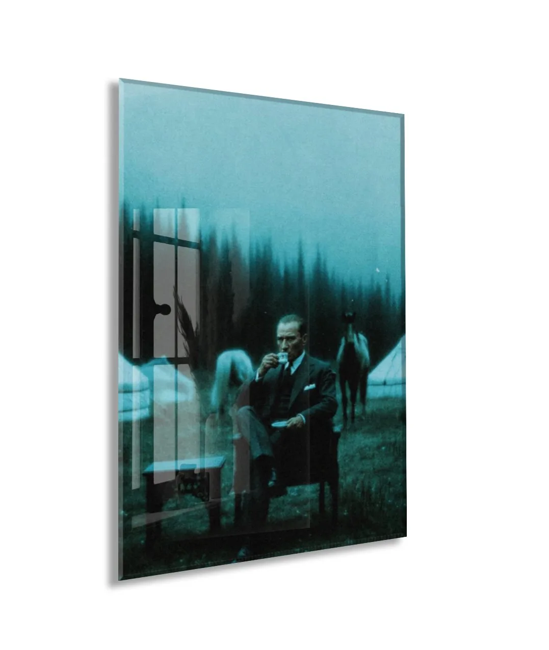 Atatürk Kahve İçerken Cam Tablo – Atatürk ve At Temalı Duvar Tablosu-PeonyAta1342 — görsel 1