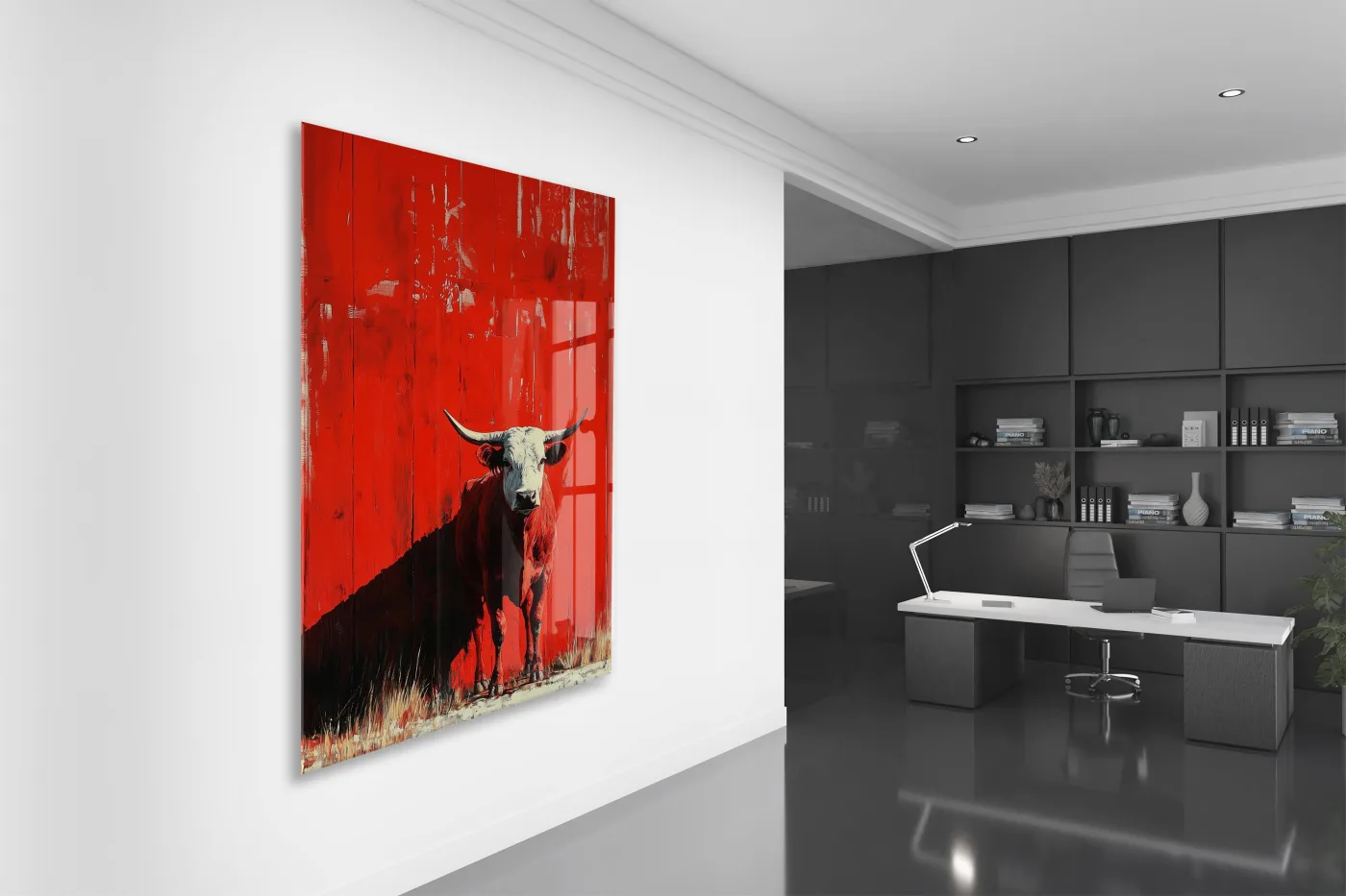 Kırmızı Zeminli Boğa Cam Tablo – Modern Güç ve Kararlılık Temalı Duvar Dekoru - Peony075 — görsel 5