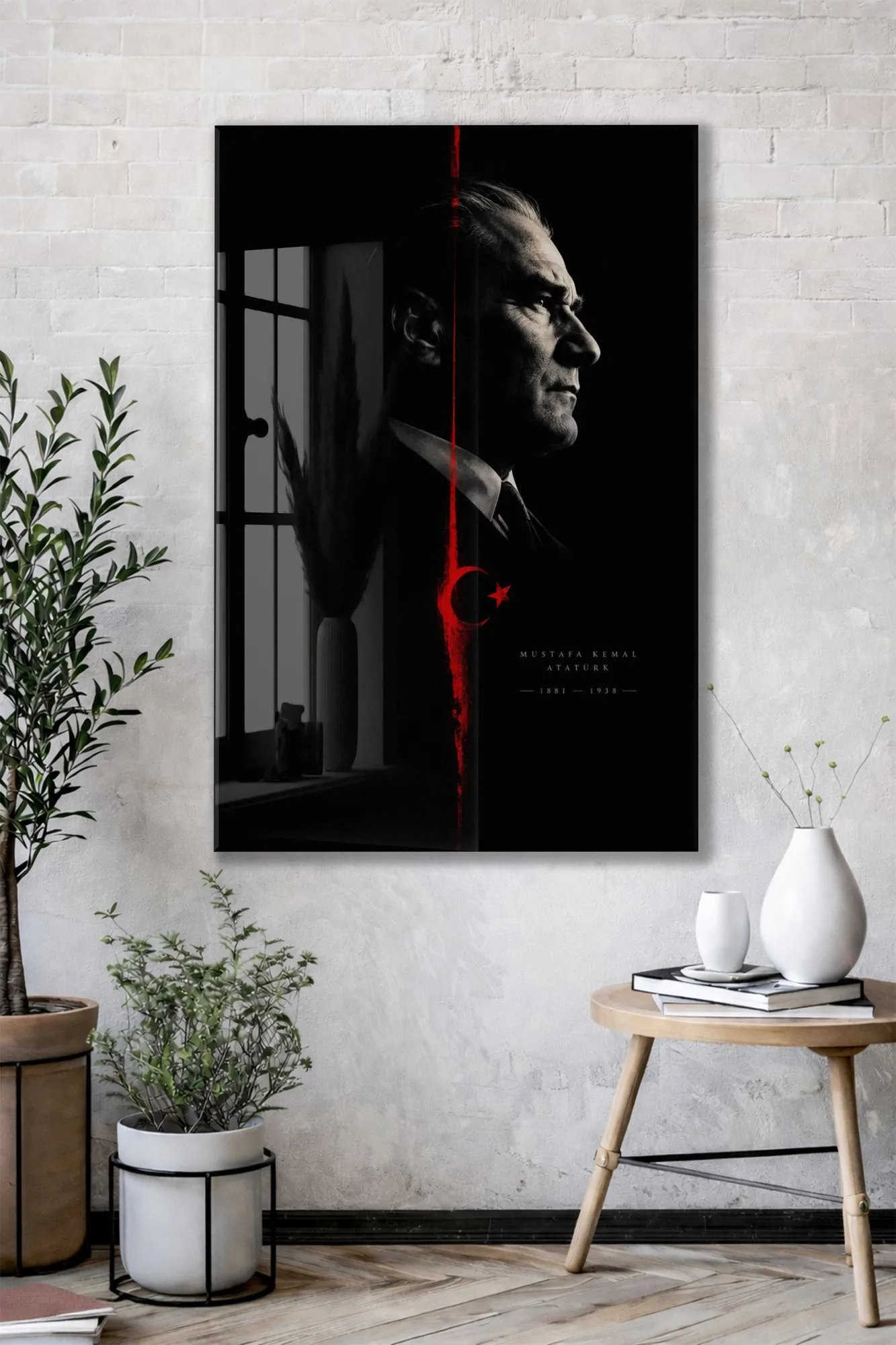 Atatürk ve Türk Bayrağı Cam Tablo – Siyah Kırmızı Mustafa Kemal Atatürk Portresi-PeonyAta1348 — görsel 2