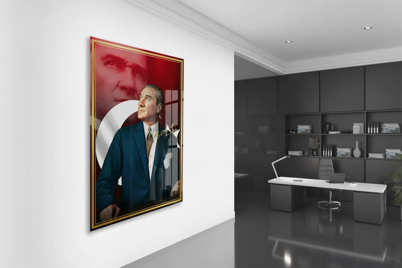 Mustafa Kemal Atatürk Türk Bayraklı Cam Tablo | İmzalı 4 mm Temperli UV Baskılı Premium Duvar Tablosu -PeonyAta1304 — görsel 4