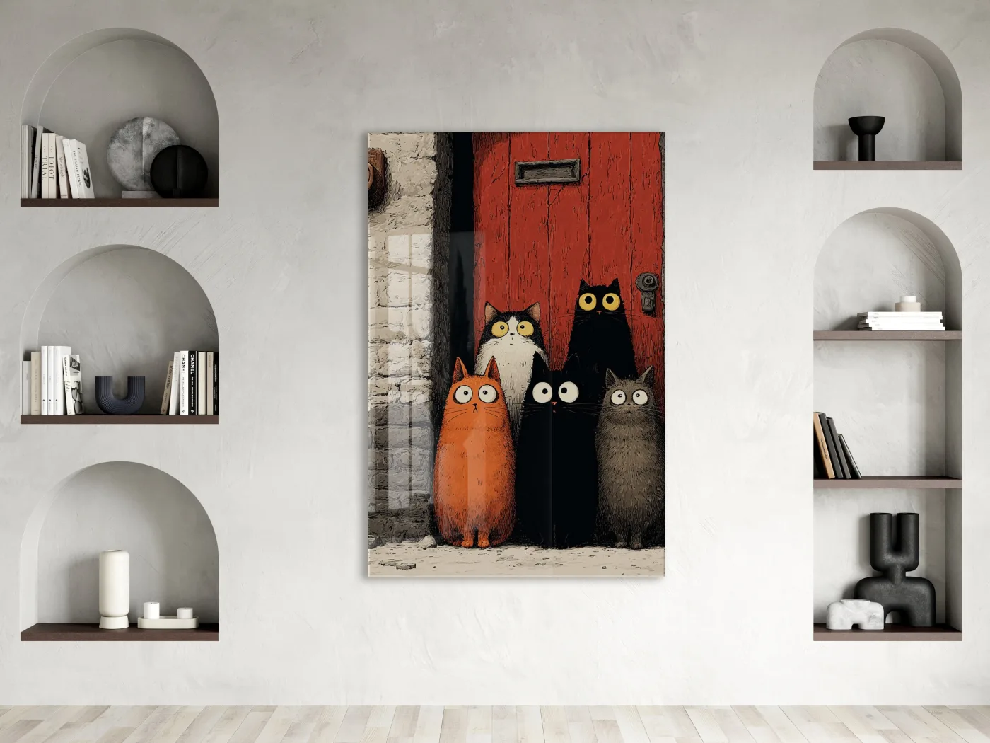Şaşkın Bakışlı Kediler – Modern ve Minimal İllüstrasyon Cam Tablo- Peony130 — görsel 3