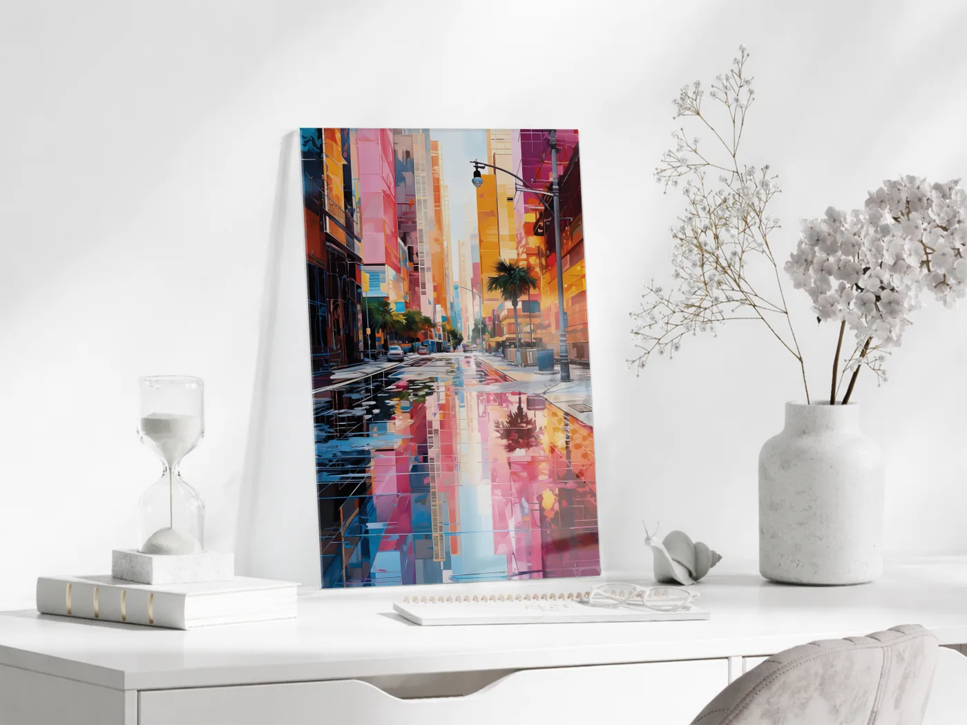 Renkli Modern Şehir Sokağı Cam Tablo – Yansımalı Sokak Manzarası ve Çağdaş Duvar Dekoru - Peony056 — görsel 4
