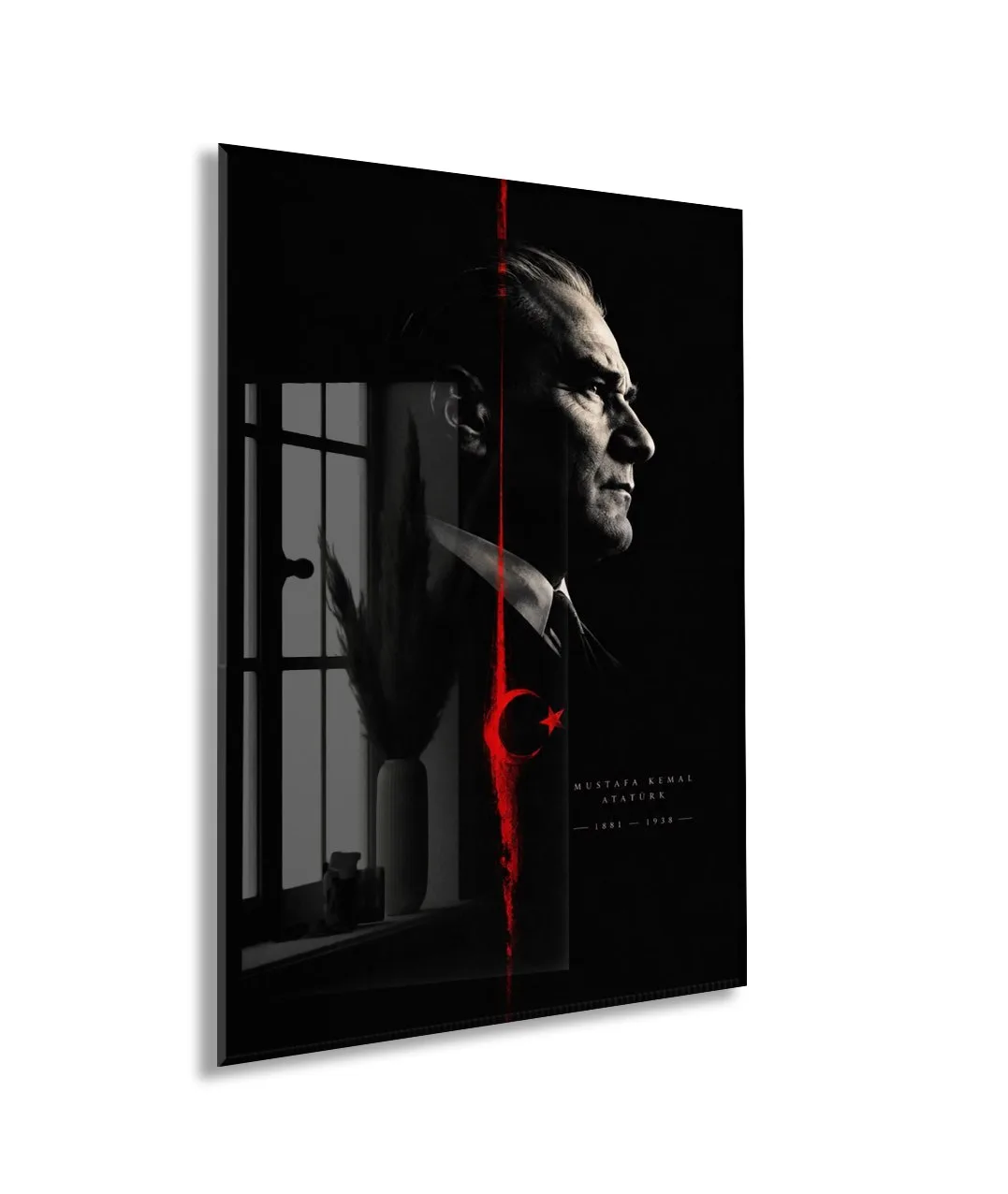 Atatürk ve Türk Bayrağı Cam Tablo – Siyah Kırmızı Mustafa Kemal Atatürk Portresi-PeonyAta1348 — görsel 1