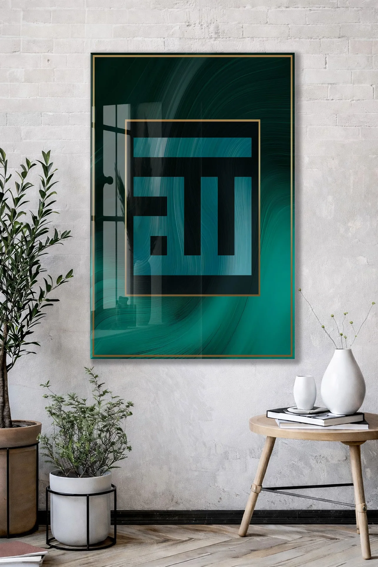 Zümrüt Yeşili Kare Kufi Allah Lafzı – Modern Cam Tablo - PeonyDini086 — görsel 3