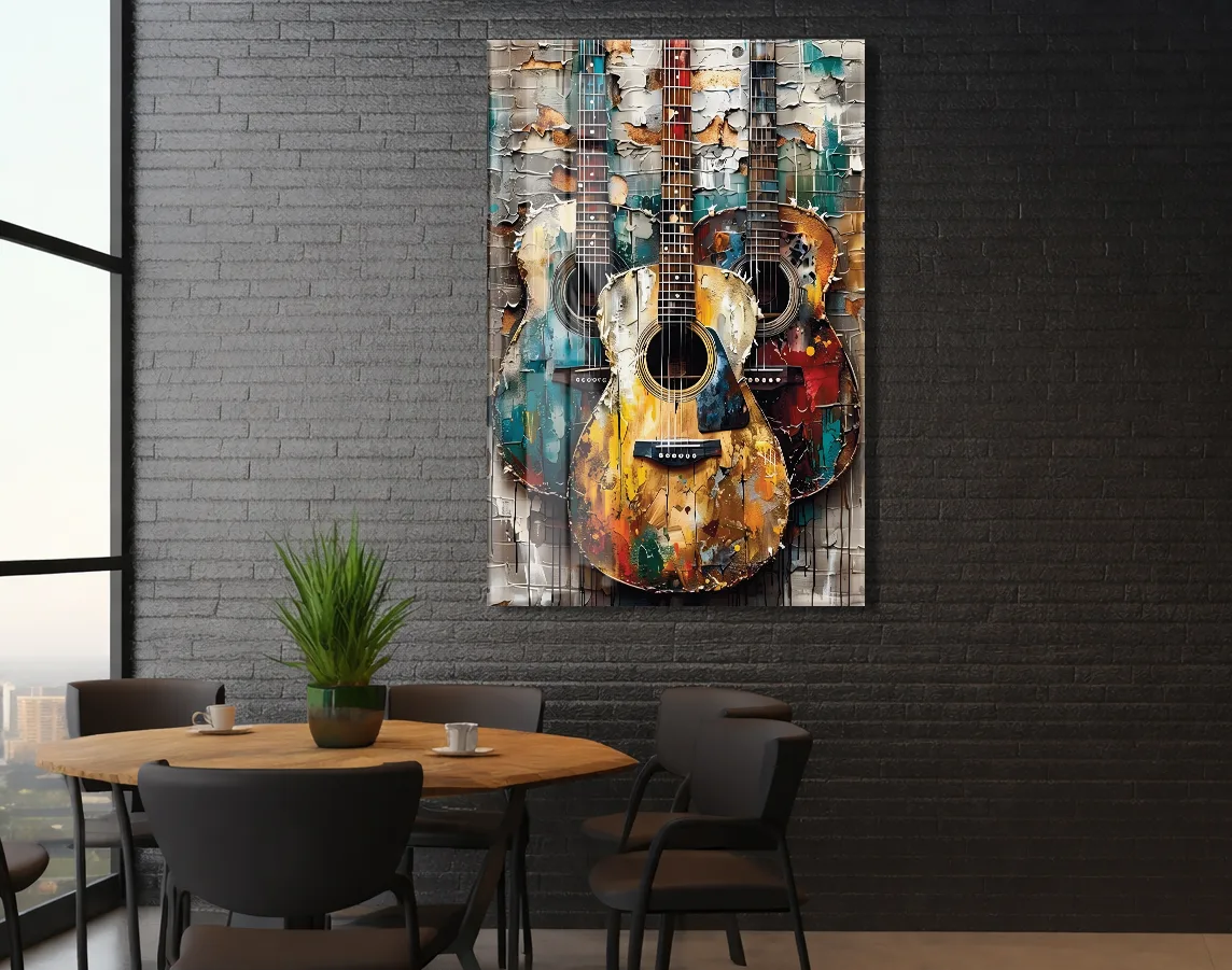 Vintage Gitar Kompozisyonu Cam Tablo – Müzik Temalı Modern Soyut Sanat, Renkli UV Baskılı Temperli Cam Duvar Tablosu - Peony033 — görsel 5