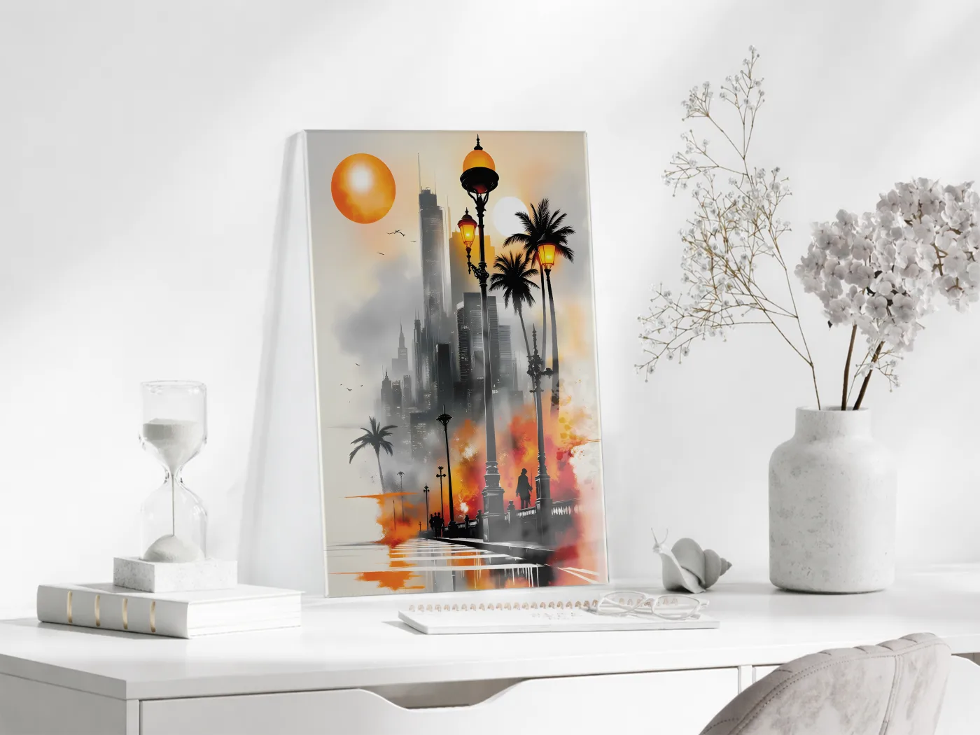Modern Şehir Manzarası Cam Tablo – Gün Batımı Temalı Sanatsal UV Baskılı Temperli Cam Duvar Tablosu - Peony004 — görsel 3