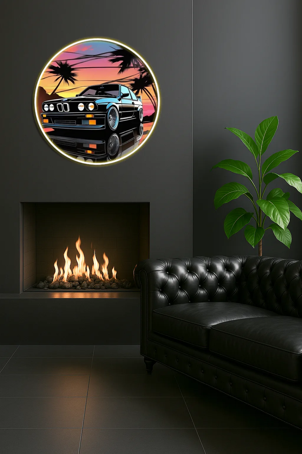 Retro BMW Tarzı Yuvarlak UV Baskı Neon Duvar Dekoru | Gün Batımı Temalı Pleksi Işıklı Tablo | Modern Ev Dekoru — görsel 2