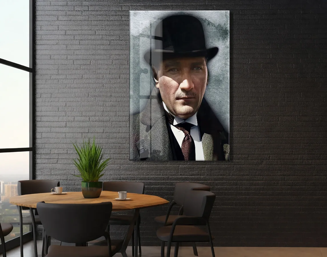 Atatürk Fötr Şapkalı Portre Cam Tablo – Modern ve Zamansız 4 mm Temperli Cam Duvar Dekoru -PeonyAta1001 — görsel 6
