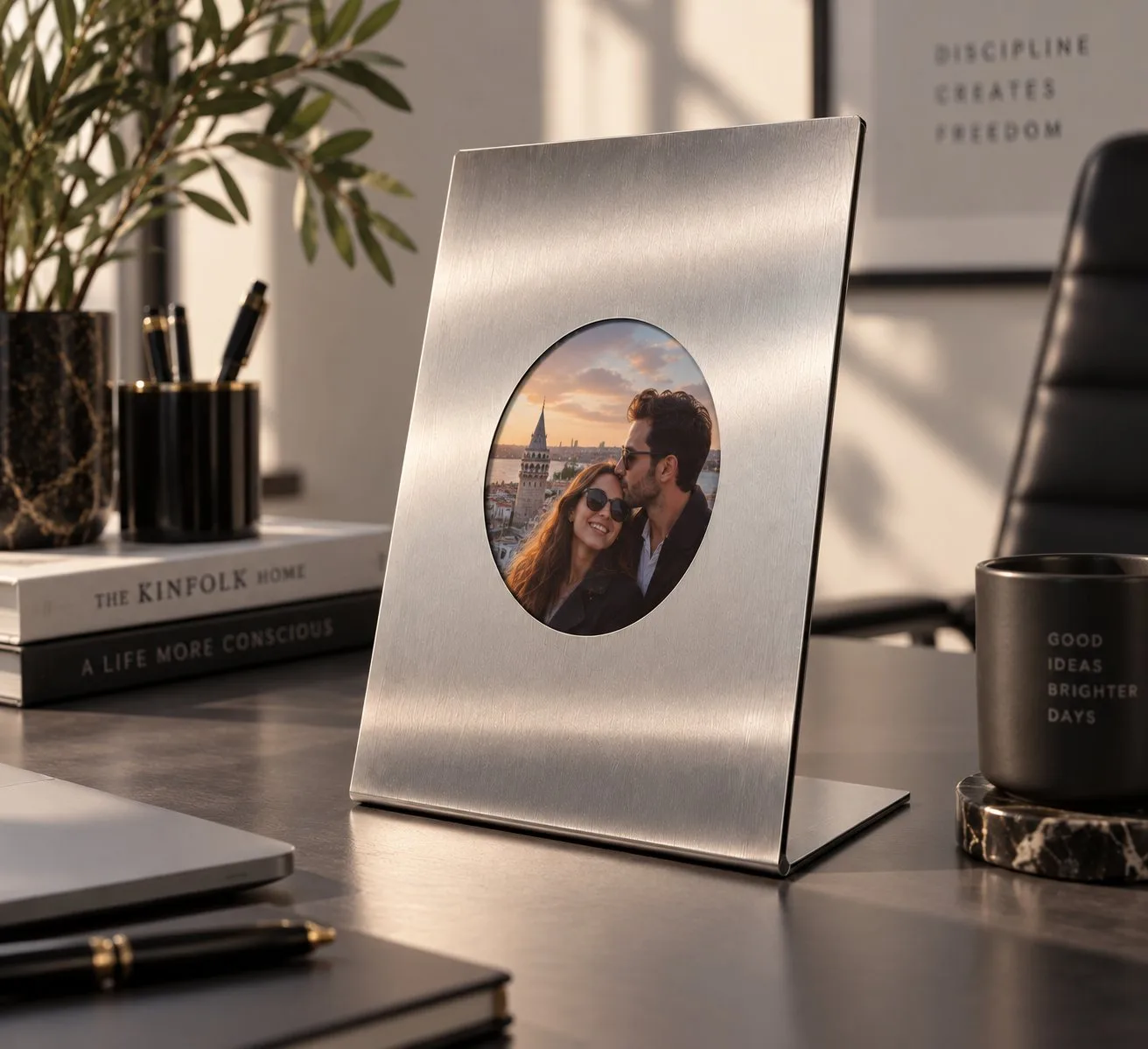 Avera | Paslanmaz Çelik Masaüstü Fotoğraf Çerçevesi – 15x18 cm Fırçalanmış Metal Yuvarlak Fotoğraf Alanlı Modern Dekoratif Çerçeve — görsel 6