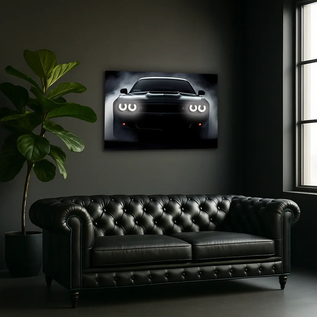 Araba UV Baskı Neon Duvar Dekoru | Sisli Fonlu Işıklı Pleksi Tablo | Modern Otomobil Temalı Duvar Sanatı — görsel 3