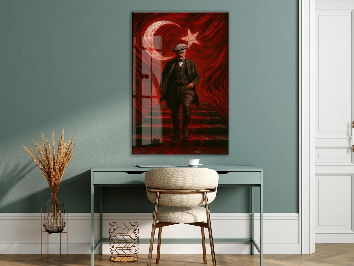 Atatürk Sanatsal Cam Tablo – Ay Yıldızlı Kırmızı Fonlu Devrim Temalı Duvar Sanatı -PeonyAta062 — görsel 7