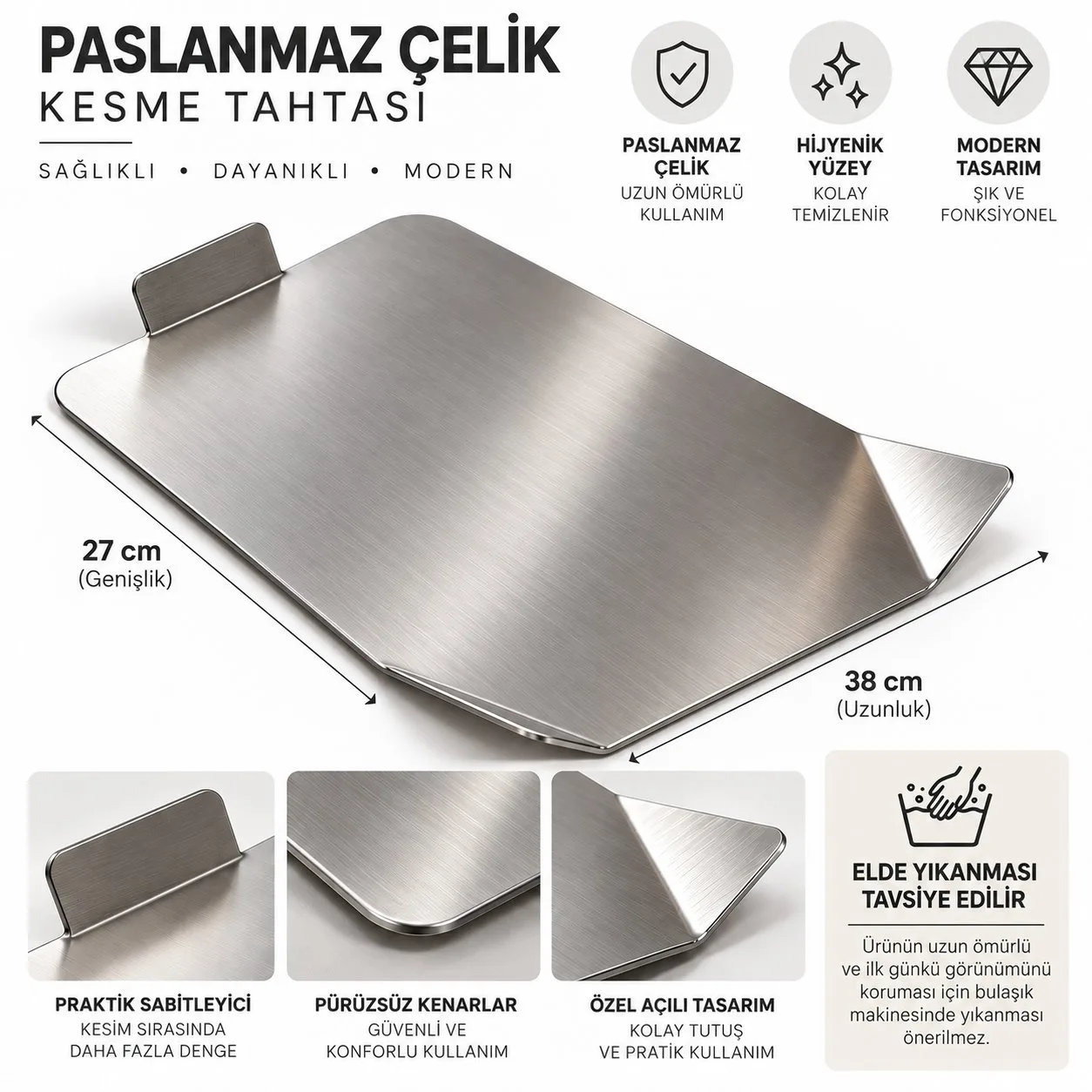 Culina | Paslanmaz Çelik Kesme Tahtası – 27x38 cm Hijyenik Metal Mutfak Doğrama ve Hazırlık Tahtası — görsel 6