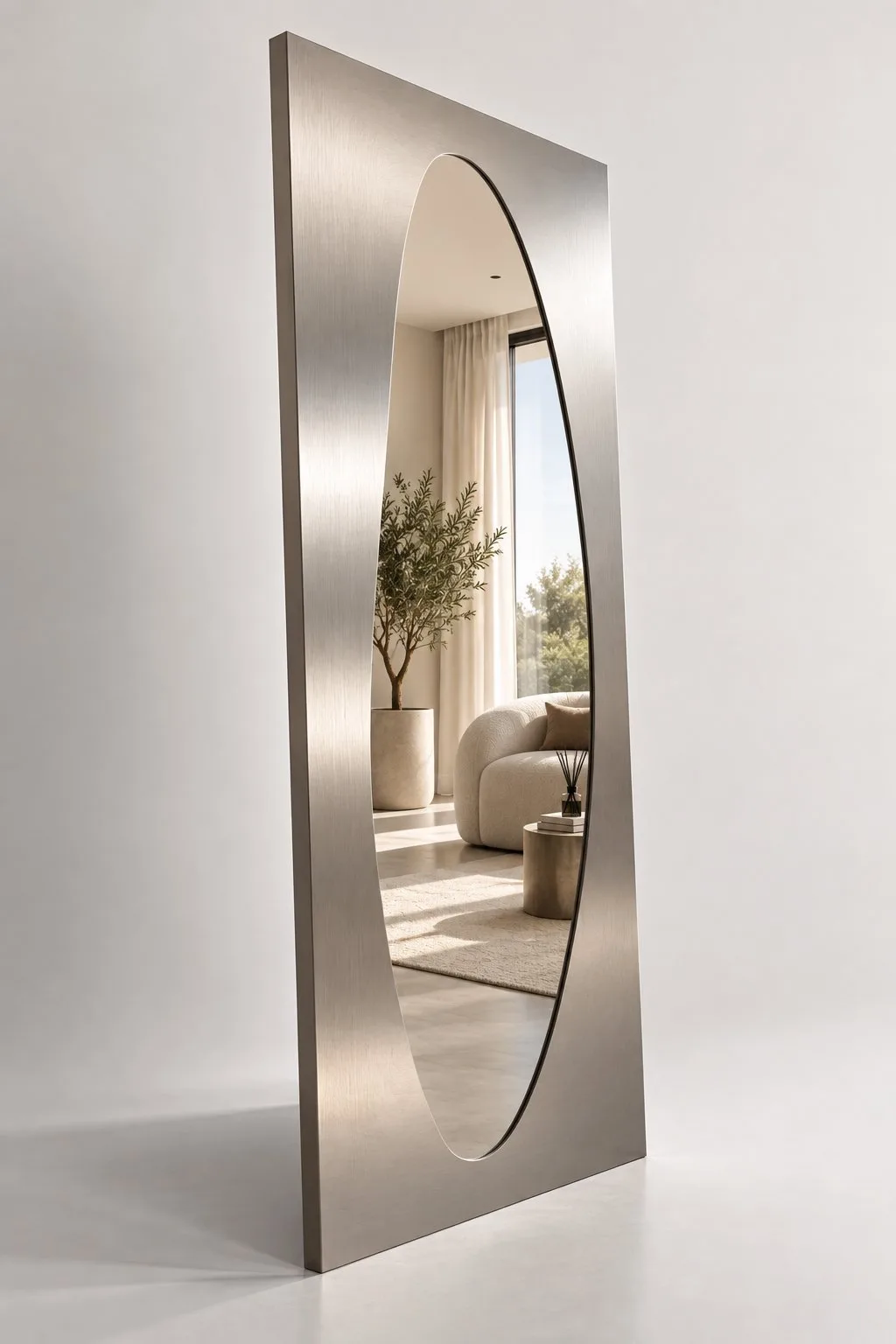 Liora | Paslanmaz Çelik Boy Aynası – 60x160 cm Fırçalı Metal Çerçeveli Asimetrik Dekoratif Duvar Aynası 2 cm Kıvrımlı Modern Tasarım — görsel 2