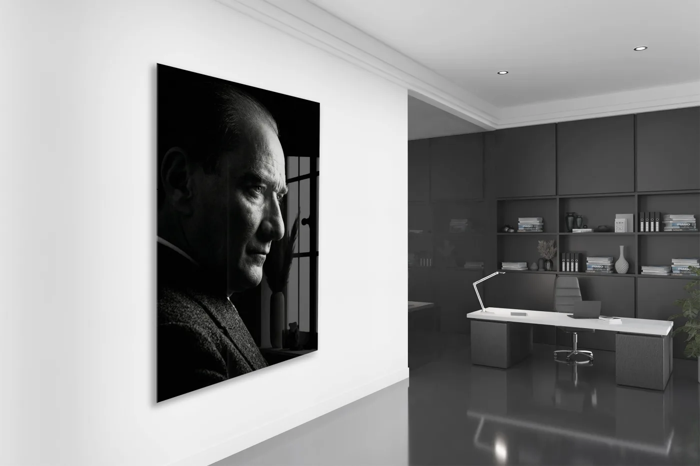 Mustafa Kemal Atatürk Siyah Beyaz Cam Tablo | 4 mm Temperli UV Baskılı Premium Duvar Dekoru-PeonyAta1301 — görsel 5