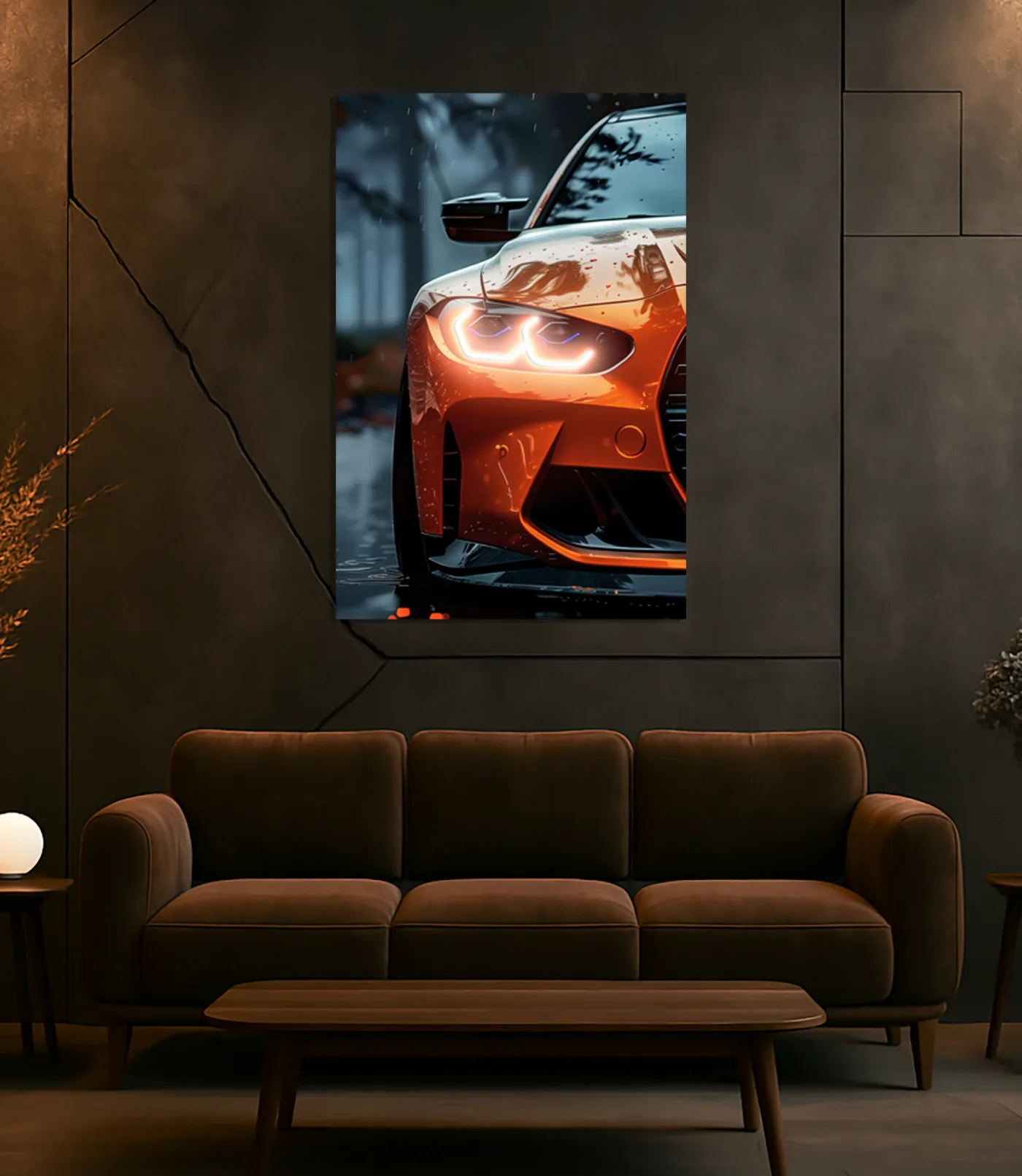 Turuncu Spor Otomobil UV Baskı Neon Duvar Dekoru | Pleksi Üzeri LED Işıklı Tablo | Modern Araba Duvar Sanatı — görsel 2