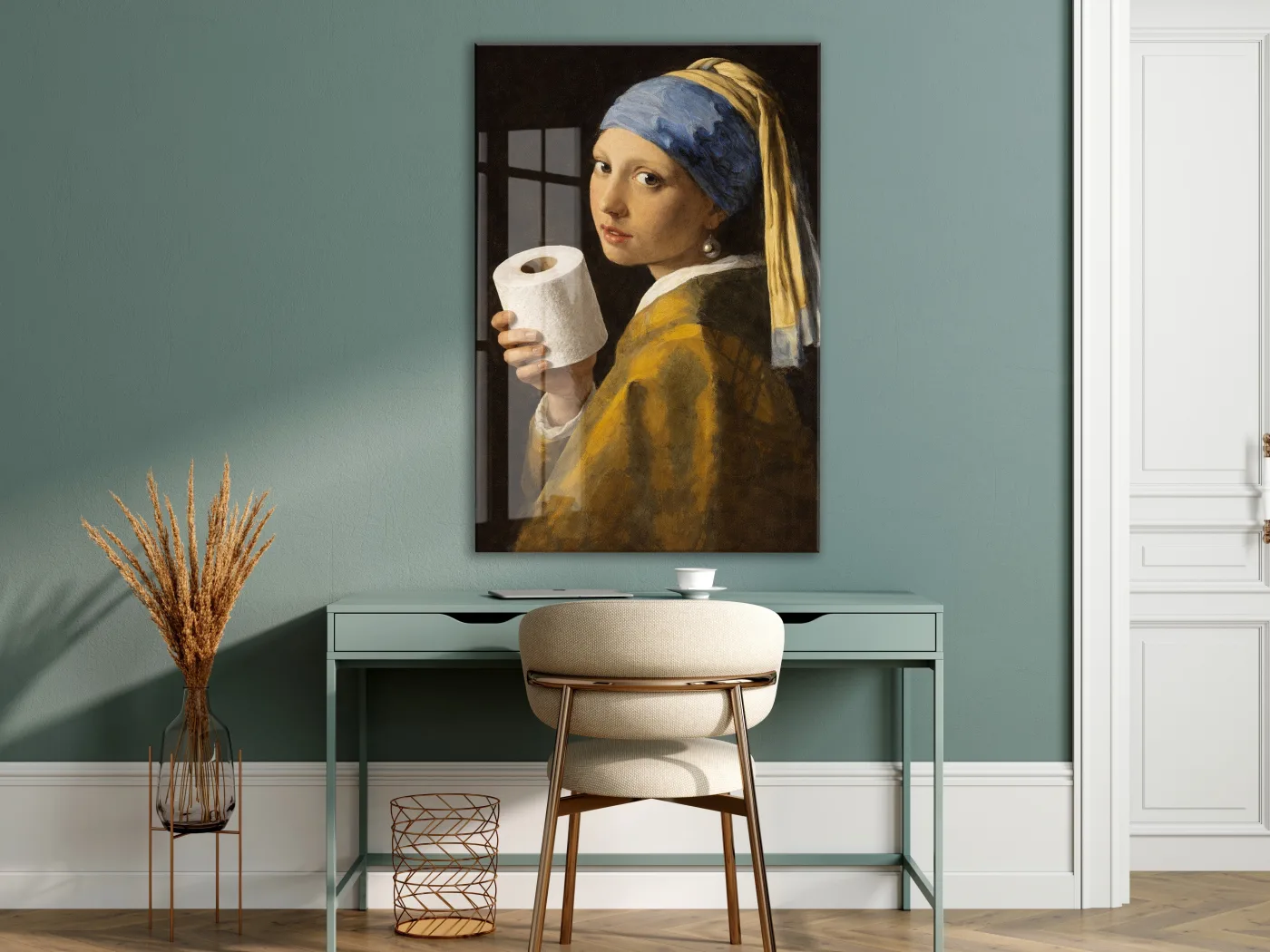 Banyo Dekoruna Özel Mizahi Cam Tablo – Klasik Sanat Modern Dokunuş- Peony091 — görsel 7