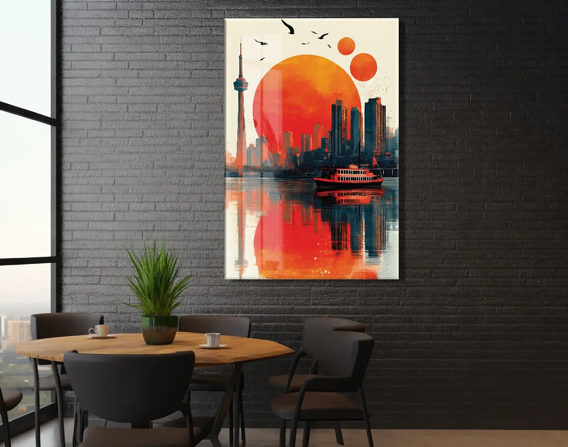 Modern Şehir Silüeti Cam Tablo – Gün Batımı Temalı Sanatsal UV Baskılı Temperli Cam Duvar Tablosu - Peony005 — görsel 5