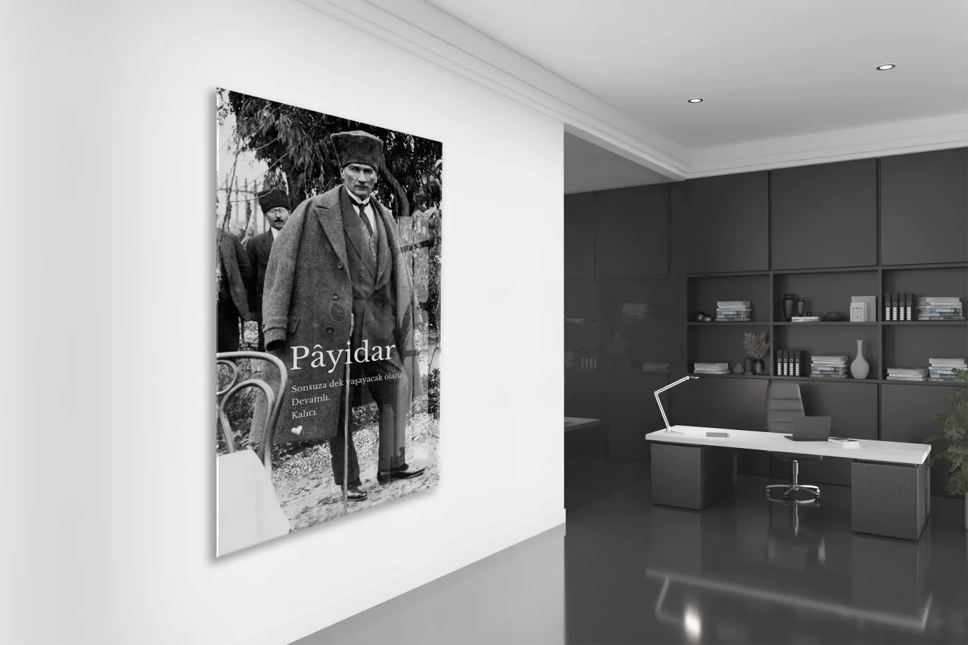 Payidar Atatürk Cam Tablo | Siyah Beyaz Atatürk Portresi, Anlamlı Duvar Dekoru, UV Baskı Temperli Cam Tablo PeonyAta049 — görsel 5