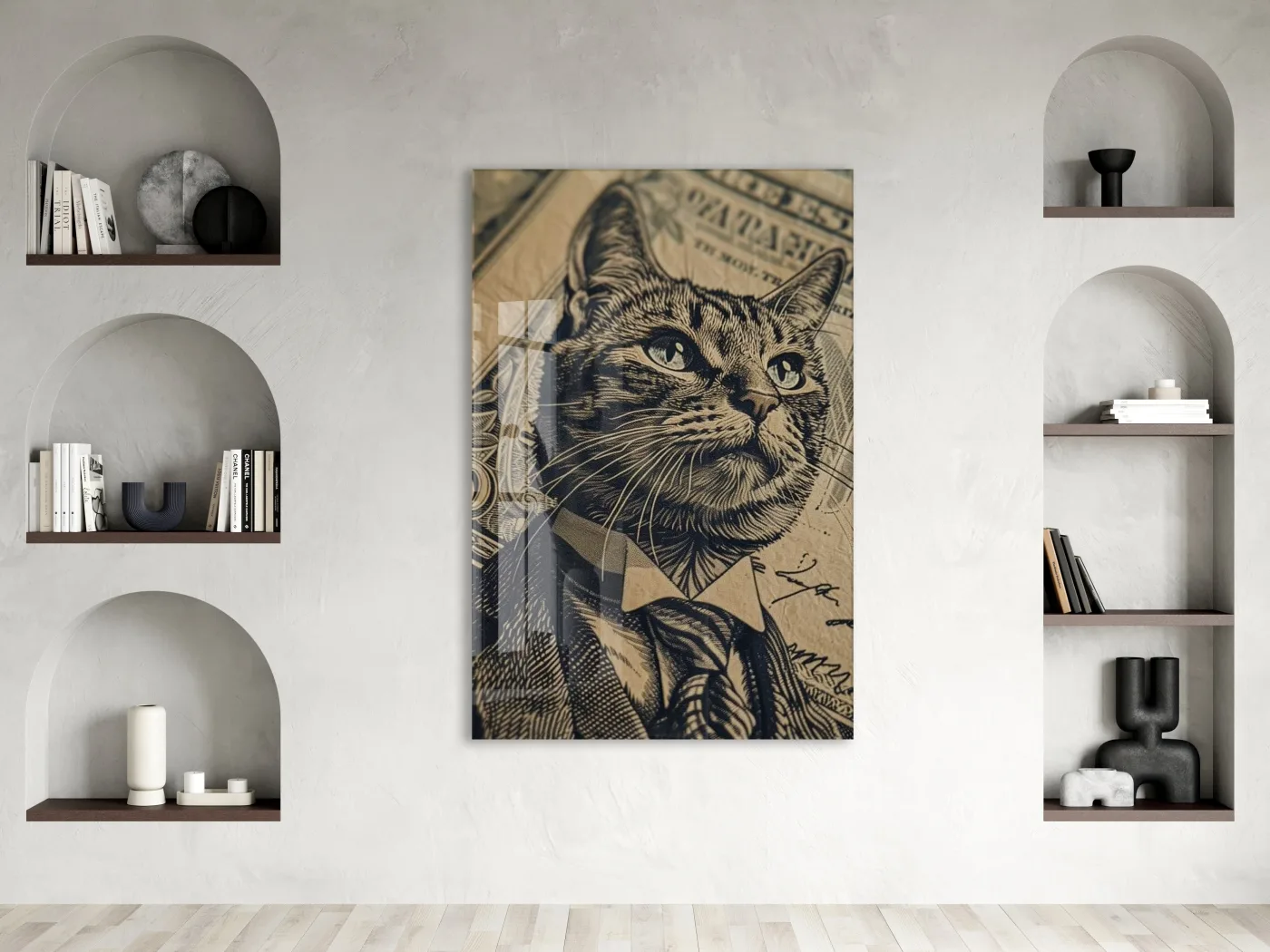 Business Cat Art – Retro Banknot Stil Cam Duvar Dekoru - Peony115 — görsel 3