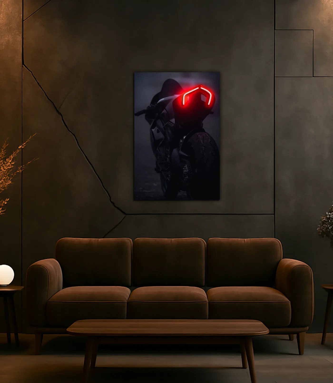 Siyah Motosiklet UV Baskı Neon Duvar Dekoru | Kırmızı Işıklı Pleksi Tablo | Modern ve Minimal Duvar Sanatı — görsel 1