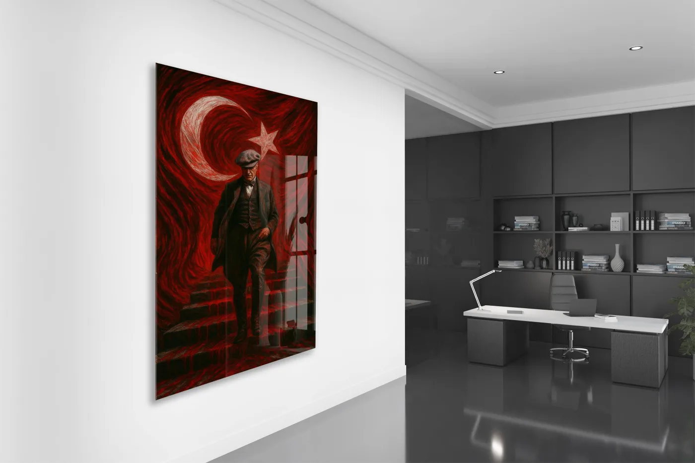 Atatürk Sanatsal Cam Tablo – Ay Yıldızlı Kırmızı Fonlu Devrim Temalı Duvar Sanatı -PeonyAta062 — görsel 5