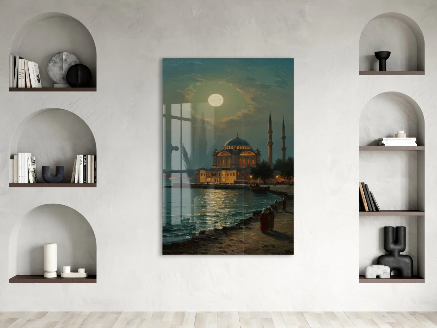 Dolunay Altında İstanbul Camii – Ay Işığında Osmanlı Mimarisi Cam Tablo - PeonyOsm007 — görsel 2