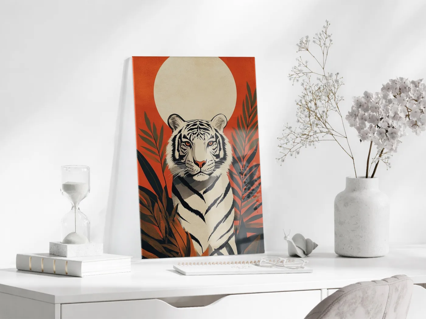 White Tiger Art – Tropikal Yapraklı Minimal Cam Tablo - Peony142 — görsel 4