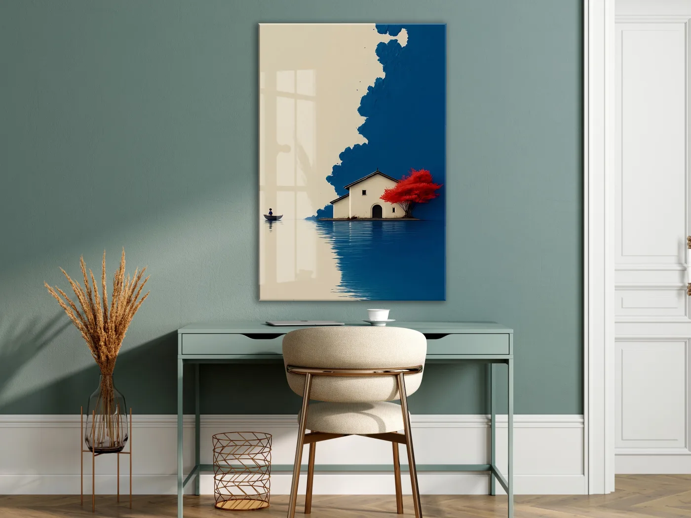 Minimal Göl Evi Manzarası – Kırmızı Ağaçlı Modern Duvar Tablosu - Peony133 — görsel 7