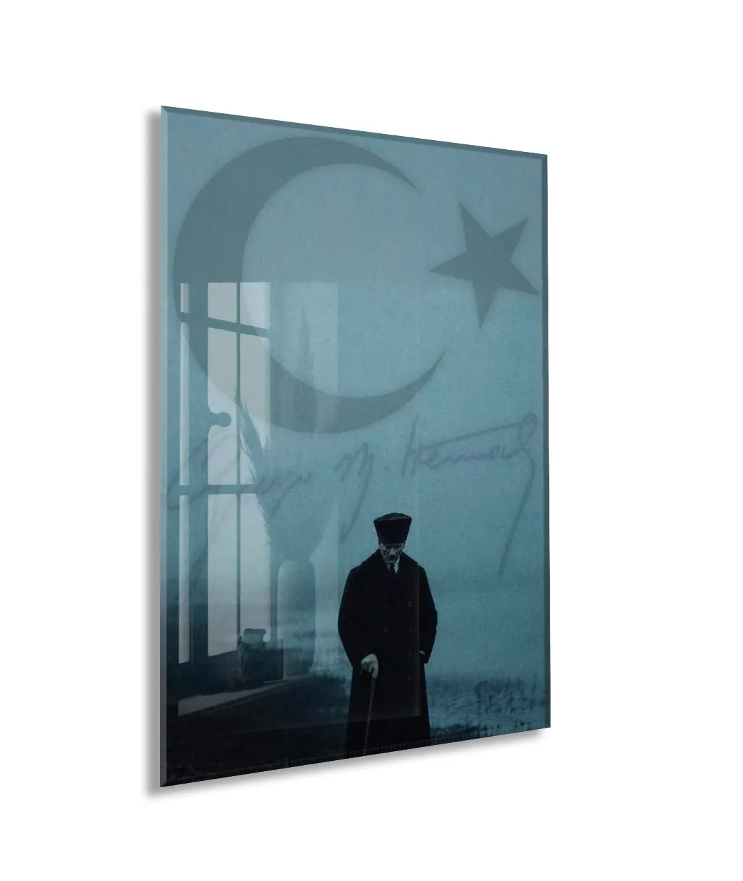Atatürk Türk Bayrağı Cam Tablo – Kalpaklı Mustafa Kemal Atatürk Duvar Tablosu-PeonyAta1349 — görsel 1