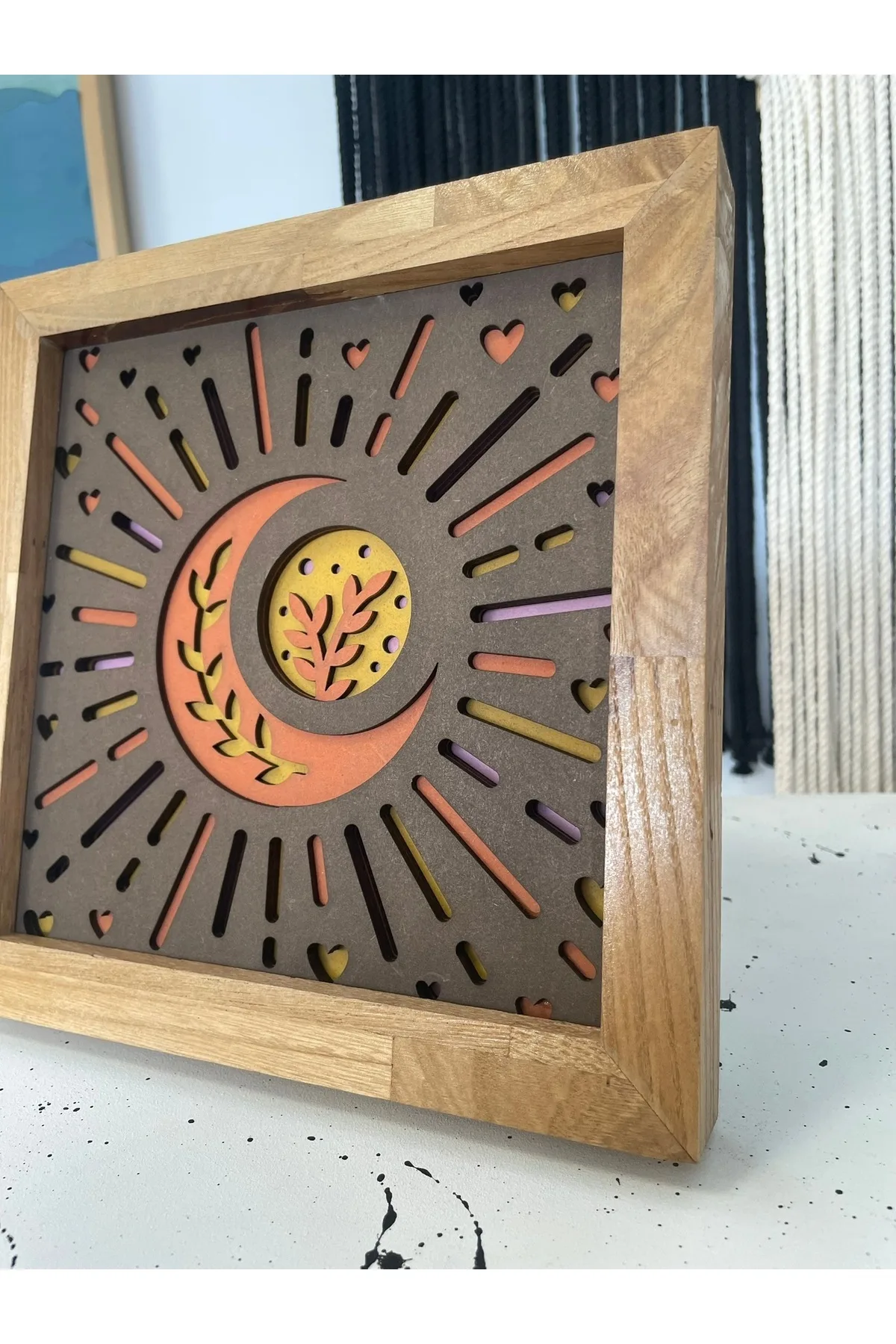 20x20cm 4 Katmanlı El Yapımı Ay ve Güneş Ahşap Tablo – Masif Çerçeve — görsel 4