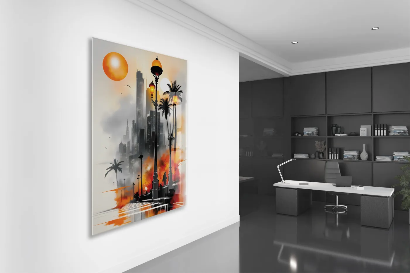 Modern Şehir Manzarası Cam Tablo – Gün Batımı Temalı Sanatsal UV Baskılı Temperli Cam Duvar Tablosu - Peony004 — görsel 4